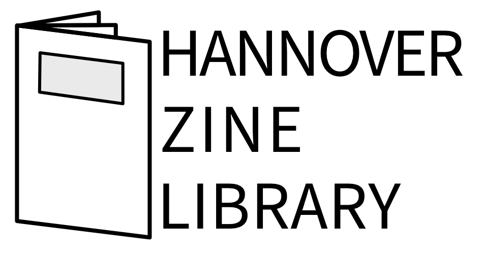 Logo der Hannover Zine Library. Ein aufrecht stehendes, aufgeblättertes Heft als Icon umgesetzt, rechts daneben steht in jeweils einem Absatz pro Wort "Hannover Zine Library".
