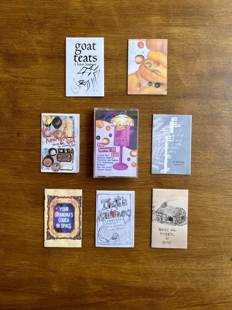 Sieben Mini-Zines liegen um eine Kassettenhülle herum angeordnet. Sie gehören zur "Summer '26 Edition" des Zine-Abos von Zinemachine.